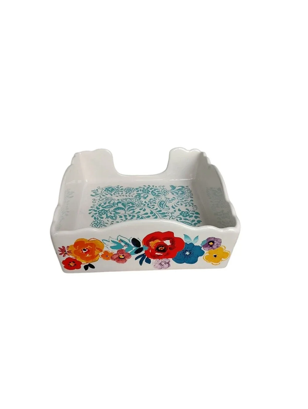The Pioneer Woman White Floral Ceramic Napkin Holder with Teal Flea Market Print